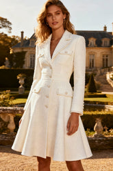 White Tweed A-Line Notched Lapel Midi Work Dress