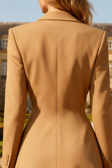 Khaki Peak Lapel A-Line Midi Work Dress