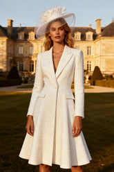 White A-Line Peak Lapel Tweed Midi Business Dress