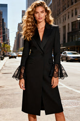 Black Pencil Peak Lapel Midi Business Dress With Lace Long Sleeves