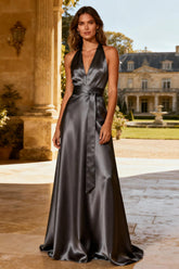 Halter Satin A-Line Steel Grey Maxi Formal Dress