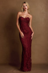 Burgundy Strapless Lace Sheath Maxi Evening Dress