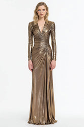 Grey Gold Metallic Pleated Sheath Long Sleeves Maxi Gala Dress