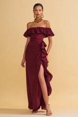 Burgundy Off The Shoulder Ruffled Sheath Maxi Evening Dress With Slit