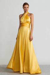 Yellow Halter Satin A-Line Maxi Evening Dress