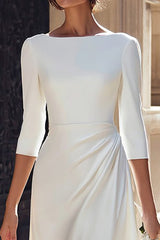 Ivory Satin A-Line Bateau Neck Midi Wedding Dress