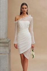 Ivory Bodycon Ruched Asymmetrical Rehearsal Dinner Dress