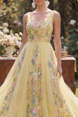 Floral Yellow A Line Embroidered Wedding Guest Dress