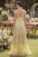 Floral Yellow A Line V Neck Wedding Guest Dress with Cap Sleeves