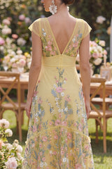 Floral Yellow A Line V Neck Wedding Guest Dress with Cap Sleeves