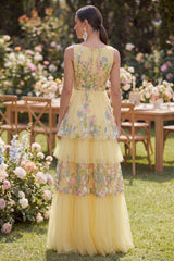 Floral Yellow Tulle Tiered V Neck Embroidered Wedding Guest Dress
