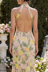 Halter Mermaid Floral Champagne Maxi Wedding Guest Dress