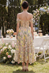 Off the Shoulder Corset A Line Floral Champagne Wedding Guest Dress
