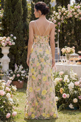 Embroidered Champagne Floral A Line Wedding Guest Dress with Belt
