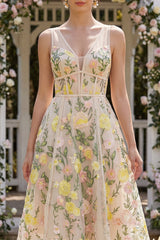 Champagne Floral A Line Corset Midi Wedding Guest Dress