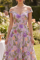 Off the Shoulder A Line Embroidered Floral Lilac Wedding Guest Dress
