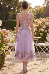 Lilac Floral A Line Embroidered V Neck Wedding Guest Dress