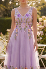 Lilac Floral A Line Embroidered V Neck Wedding Guest Dress