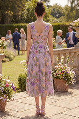 Floral Lilac A Line Pleated Midi Wedding Guest Dress