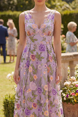 Floral Lilac A Line Pleated Midi Wedding Guest Dress