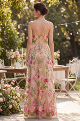 Blush Floral A Line Embroidered Maxi Wedding Guest Dress