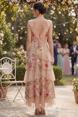 Tiered Blush Floral A Line High Low Wedding Guest Dress