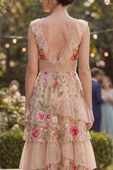 Tiered Blush Floral A Line High Low Wedding Guest Dress