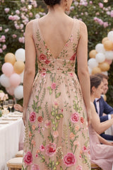 A Line Blush Floral V Neck Ruched Midi Wedding Guest Dress