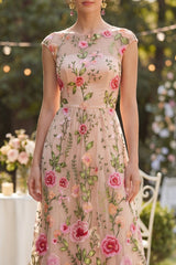 Cap Sleeve Blush Floral Embroidered Maxi Wedding Guest Dress