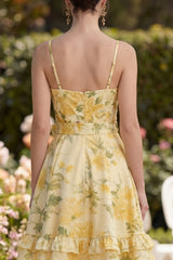A Line Printed Yellow Ruched Ruffled Wedding Guest Dress with Bow