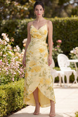 Printed A Line Yellow High Low Ruched Wedding Guest Dress