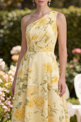 One Shoulder Yellow Printed Ruched A Line Wedding Guest Dress