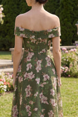 Dark Green Off the Shoulder A Line Printed Wedding Guest Dress