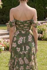 Off the Shoulder Dark Green Ruched A Line Floral Wedding Guest Dress