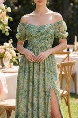 Off the Shoulder Ruched Dusty Green A Line Wedding Guest Dress