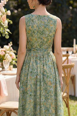 Pleated A Line Dusty Green V Neck Wedding Guest Dress with Bow