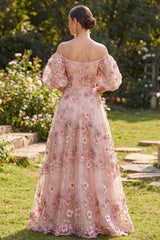 Off the Shoulder A Line Floral Pink Maxi Wedding Guest Dress