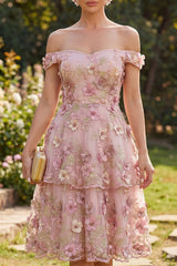 Off the Shoulder Pink A Line Floral Tiered Appliqued Wedding Guest Dress