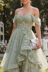Off the Shoulder Corset Dusty Green Floral A Line Wedding Guest Dress