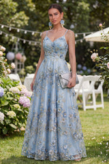 Blue Floral A Line Ruched Appliqued Maxi Wedding Guest Dress