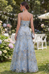 Blue Floral A Line Ruched Appliqued Maxi Wedding Guest Dress