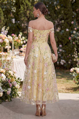 Light Yellow Floral Off the Shoulder A Line Ruched Wedding Guest Dress
