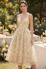 Floral Light Yellow Embroidered A Line Corset Wedding Guest Dress