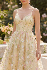 Floral Light Yellow Embroidered A Line Corset Wedding Guest Dress