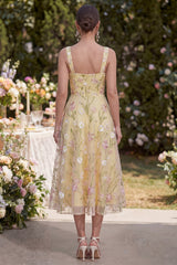 Floral A Line Light Yellow Spaghetti Straps Midi Wedding Guest Dress
