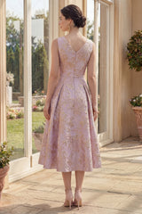 A Line Floral Dusty Lilac Brocade Midi Wedding Guest Dress