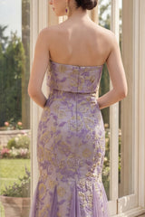 Strapless Mermaid Floral Brocade Dusty Lilac Maxi Wedding Guest Dress