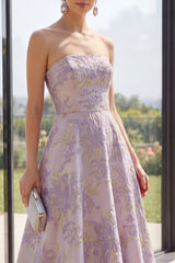 Strapless Floral Ruffled Dusty Lilac A Line Maxi Wedding Guest Dress