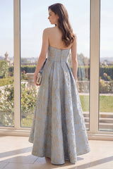Strapless Dusty Blue Floral A Line Ruched Wedding Guest Dress with Bow