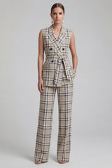 Grey Grid 2 Piece Peaked Lapel Women's Linen Suits with Pockets